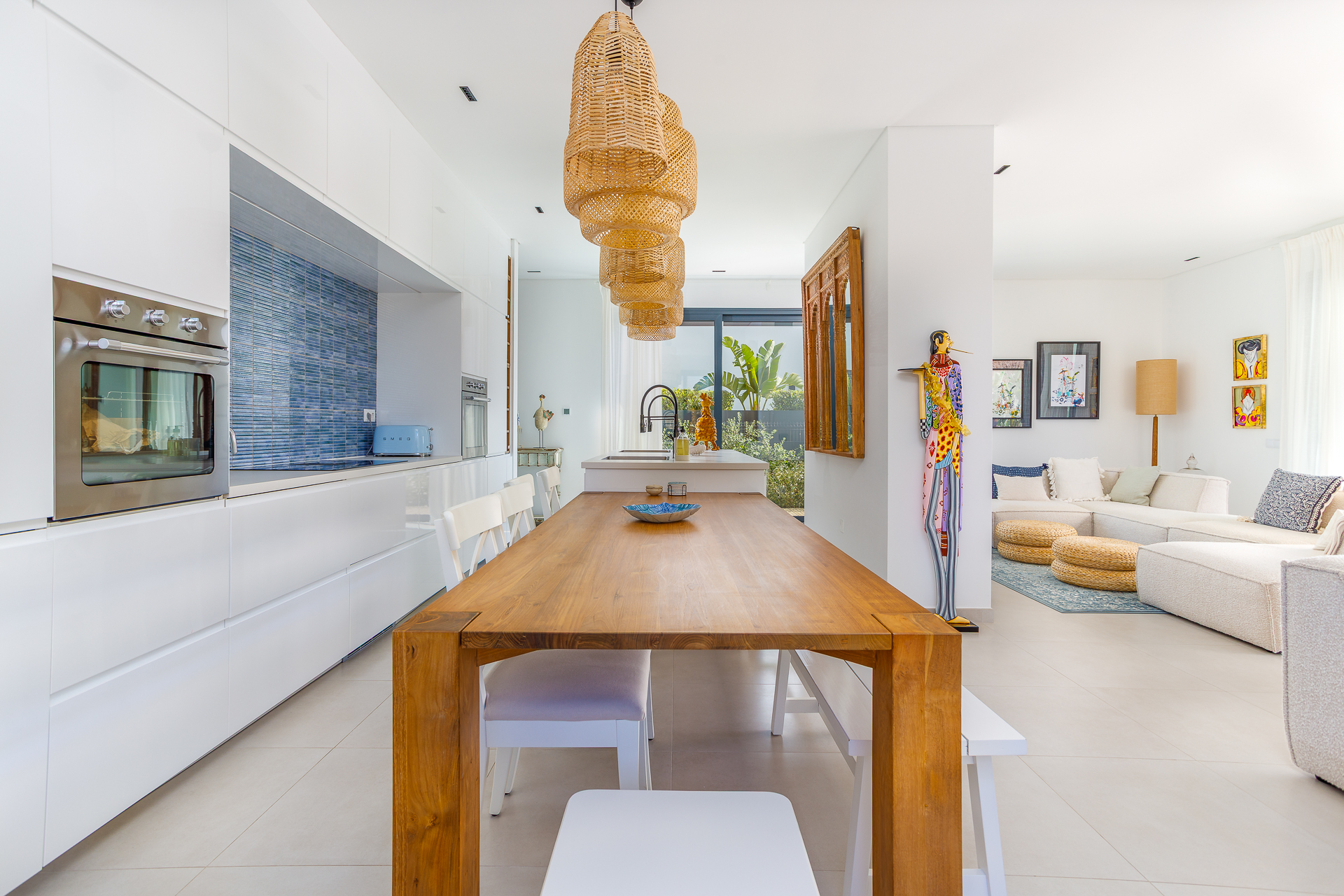 Professional interior photography of a villa kitchen / living room with perfect lighting